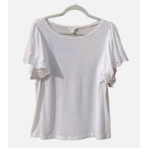 White Flutter Sleeve Eyelet Detail Top Women's Casual Short Sleeve